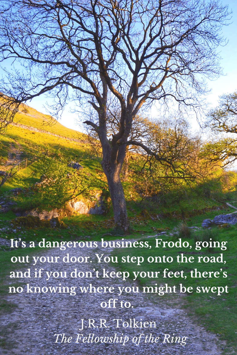 J.R.R. Tolkien quote about walking in nature, wandering, and adventure.